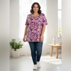 Catherines plus size purple floral short sleeve easy fit tee blouse size 3X